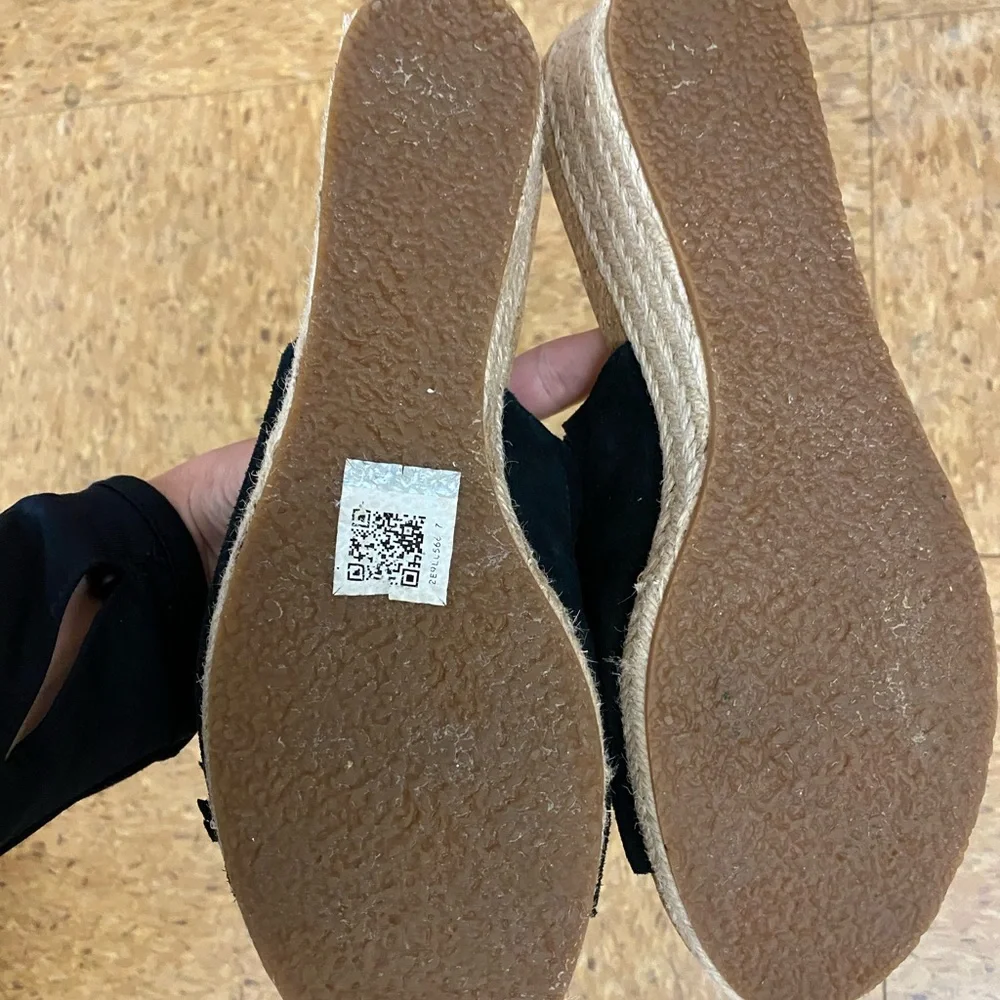 UGG Black Suede Fringe Espadrille Wedge Slides